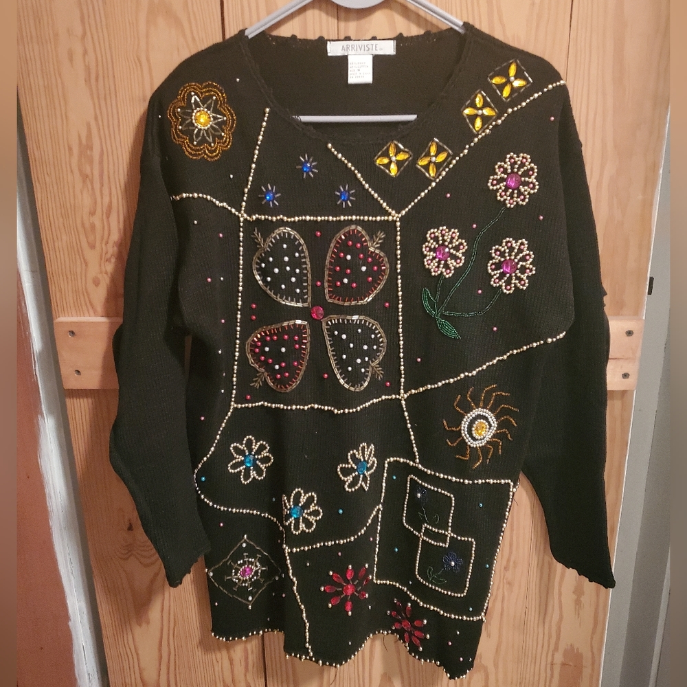 ARRIVISTE Black Jeweled Black MultiColor Sweater 90s SIZE M Retro Vintage 1980s